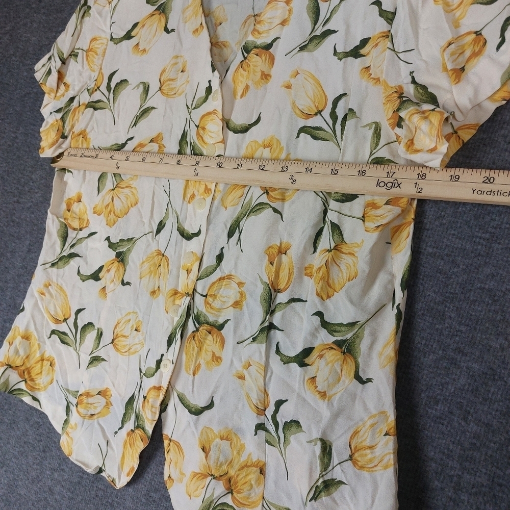 CHAUS WOMEN VINTAGE CREAM YELLOW FLORAL TULIP PRINT V-NECK BUTTON UP SHIRT SZ 12 - Picture 4 of 6